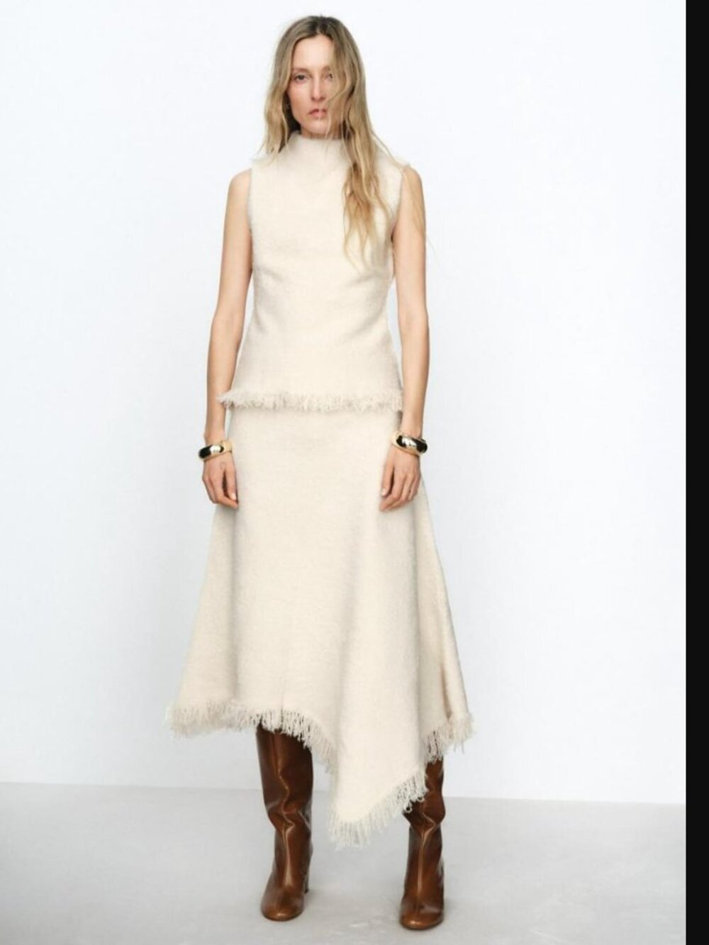 Zara ZW Collection Women Ecry Asymmetrical Knit Fringe Skirt Size S NWOT